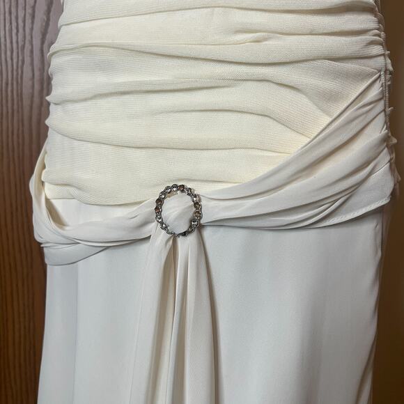 Vtg 90s Womens Maxi Dress 14 Ivory Ruched Broach Wedding Romantic Ethereal Angel - Picture 5 of 12
